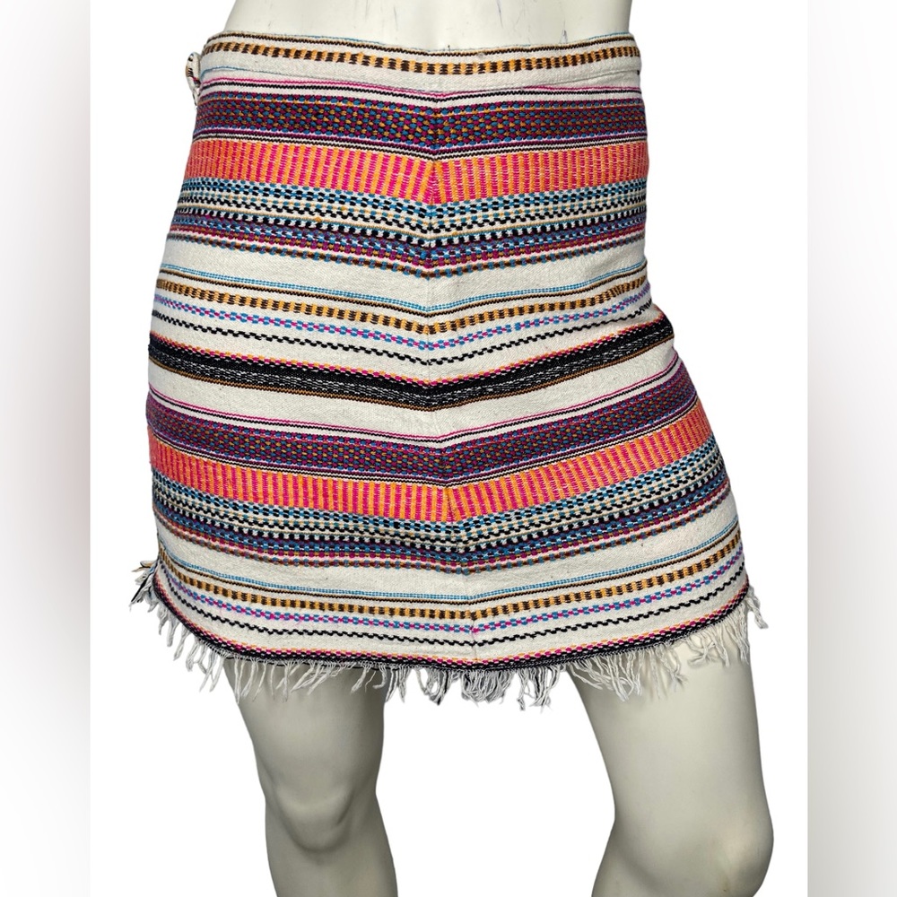ZARA Multicolored Ethnic Western Aztec Woven Boho Frayed Fringe Mini Skirt